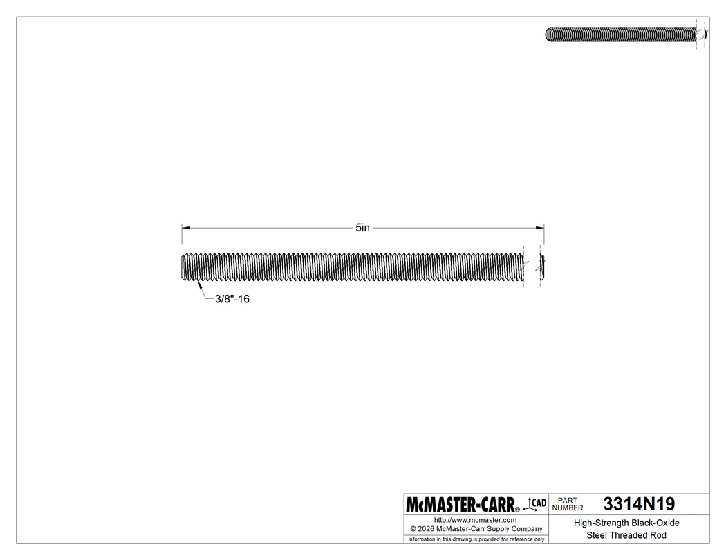 Technical Drawing of High-Strength Black-Oxide Steel Threaded Rod, 3/8"-16 Thread Size, 5" Long.